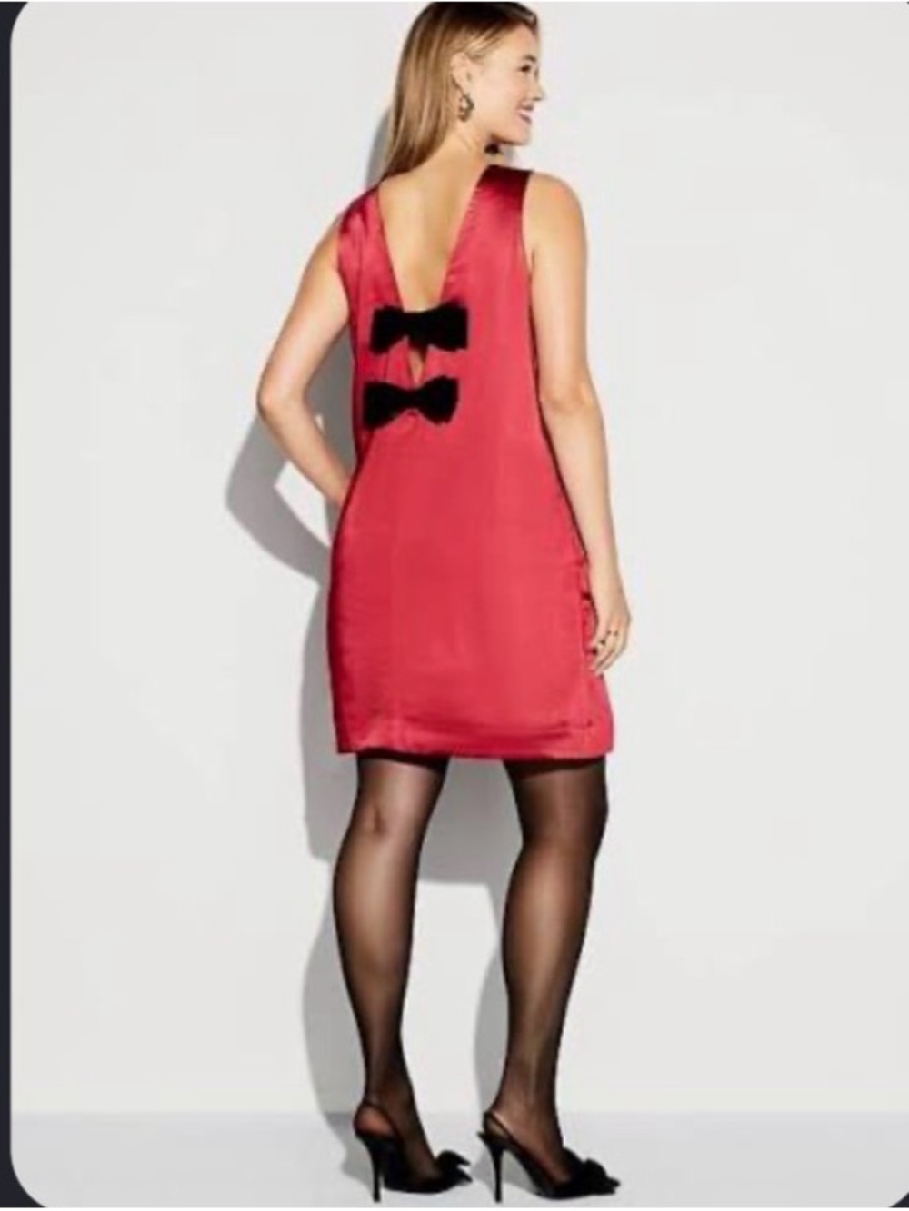 Red Sleeveless Shift Dress with Black Bow Accents